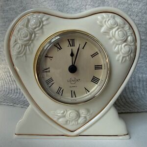 Rosebud Collection Lenox Quartz Heart Shape Clock Roses Ivory Gold Trim WORKS